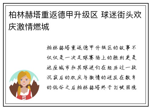 柏林赫塔重返德甲升级区 球迷街头欢庆激情燃城