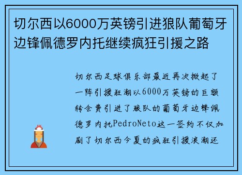 切尔西以6000万英镑引进狼队葡萄牙边锋佩德罗内托继续疯狂引援之路